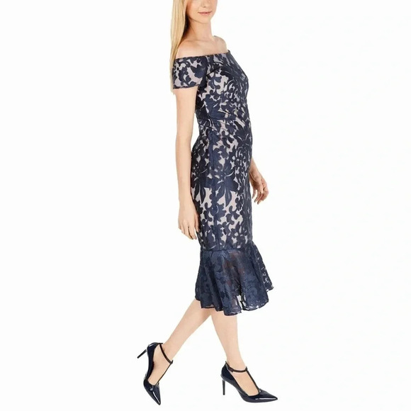 Calvin Klein Off-The-Shoulder Lace Trumpet Evening Midi Dress - Picture 3 of 10